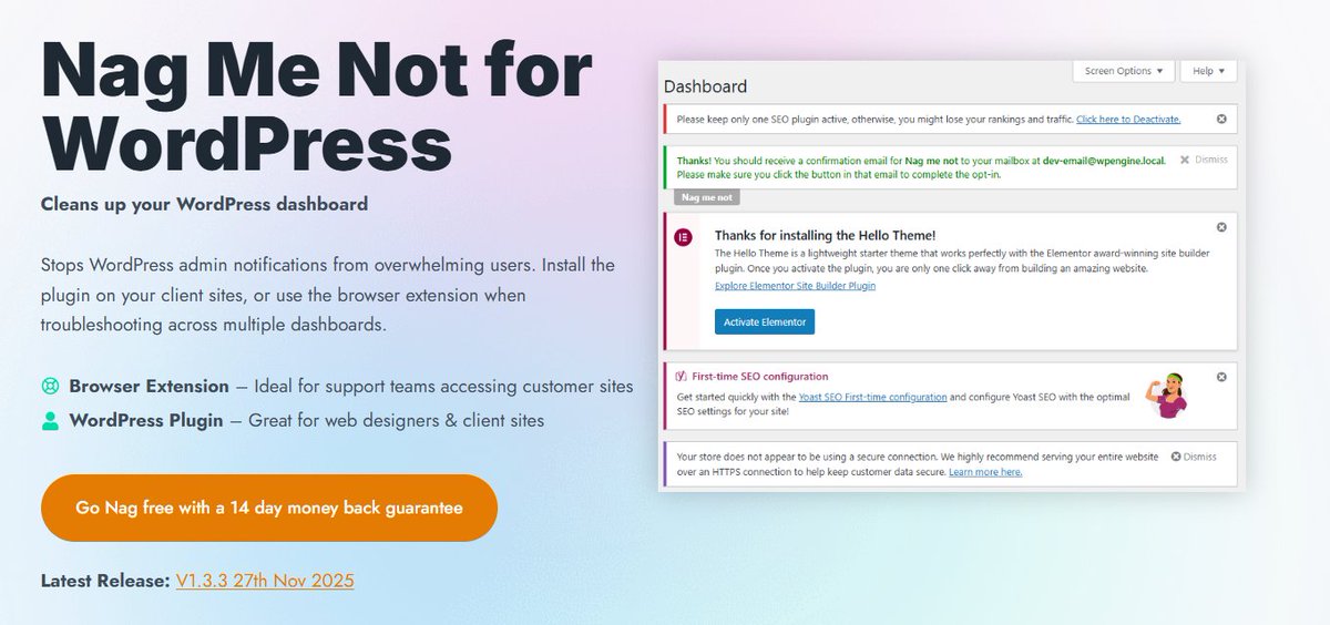 FriendlyWebGuy's tweet image. Good luck to any hosting providers / plugin devs accessing customer sites over the next week. It&apos;s going to be messy, unless that is you are using Nag Me Not.

My NagMeNotWP.com browser extension is growing nicely. V2.1.2 with a minor bug fix will be available in the…