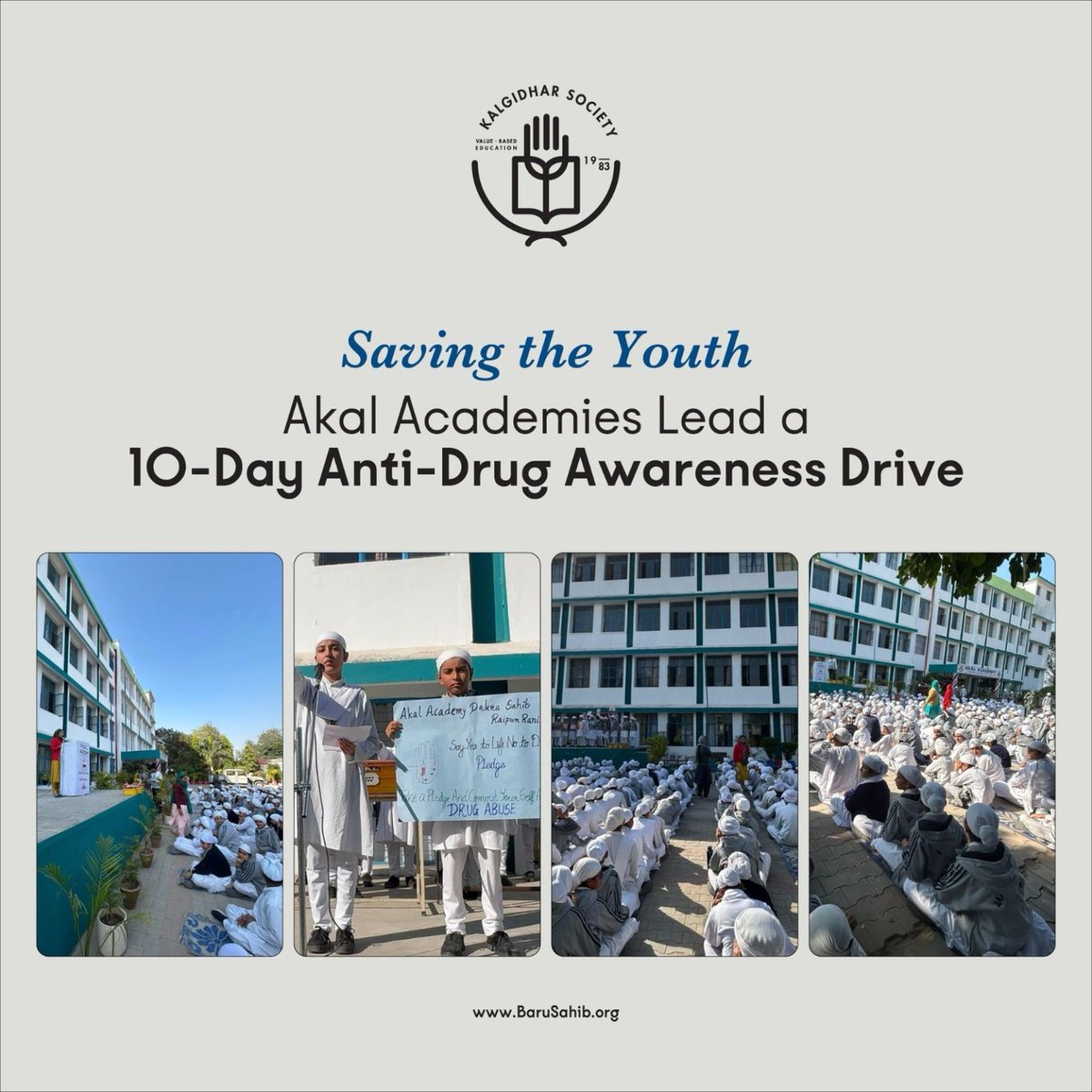 Saving the Youth: 130 Akal Academies lead a 10-Day Anti-Drug Awareness Drive. 
From Nov 4–14, students of Classes VII–XII engaged in sessions on causes, effects &amp; prevention of drug abuse — with pledges, counselling circles, teacher training &amp; powerful Nukkad Nataks.

A