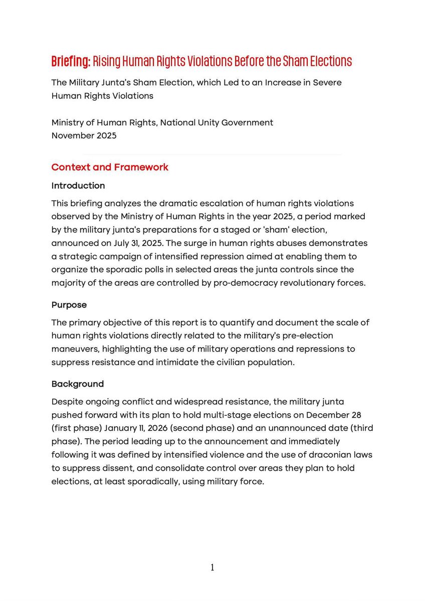 mohr_nug's tweet photo. Briefing:Rising Human Rights Violations Before the Sham Elections.
Issued by Ministry of Human Rights, National Unity Government | Nov 2025
📌 Full report via QR codes — website &amp; Drive links.
#BRIEFING #HRViolations #ShamElection #MoHR #NUG https://t.co/UD0coMxkaK