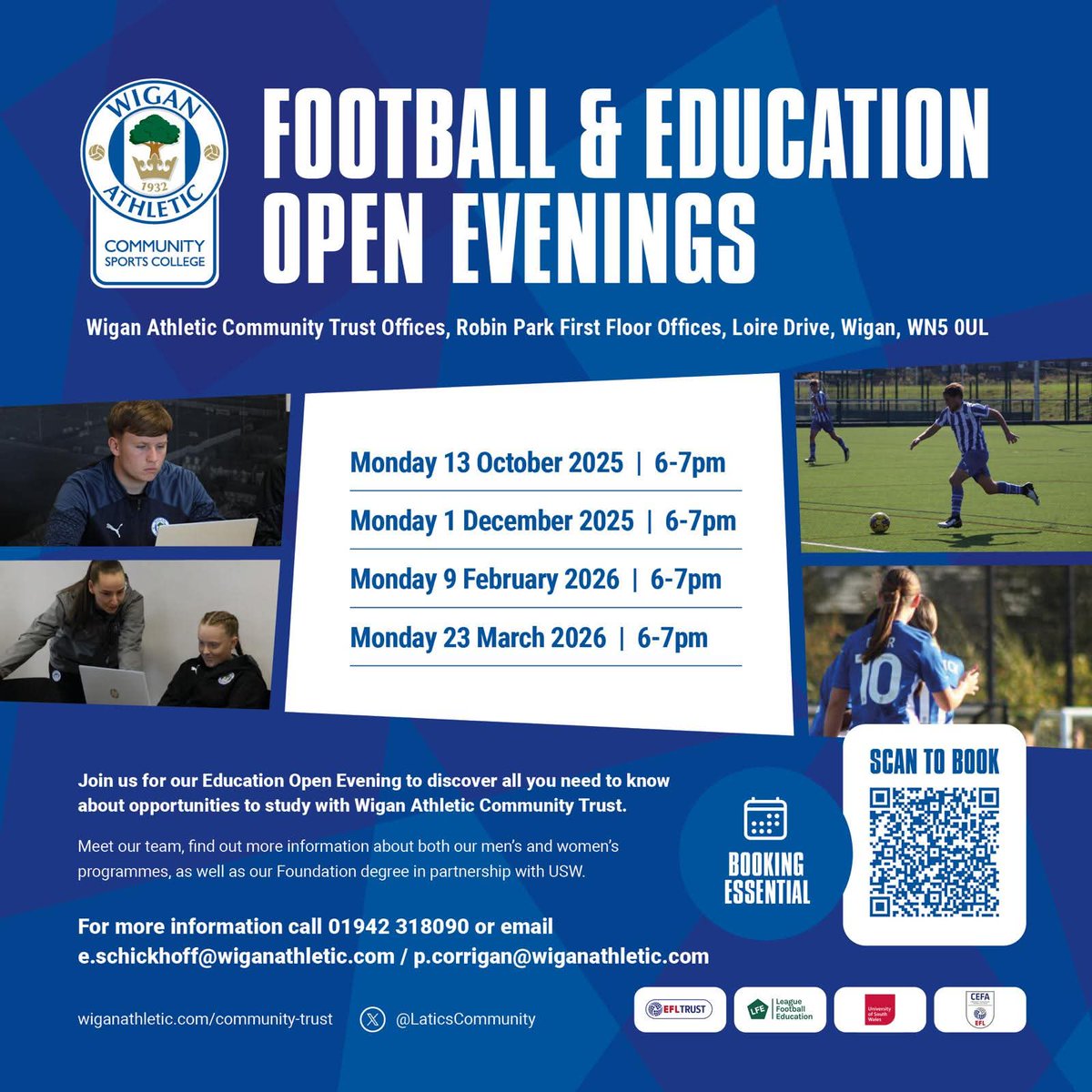 LaticsCommunity's tweet image. On Monday, we&apos;re hosting an open evening for young people interested in joining our football and education programmes and pursuing a career in the sports industry!

Please book your place using the QR code or by emailing e.schickhoff@wiganathletic.com

#wafc 🔵⚪️