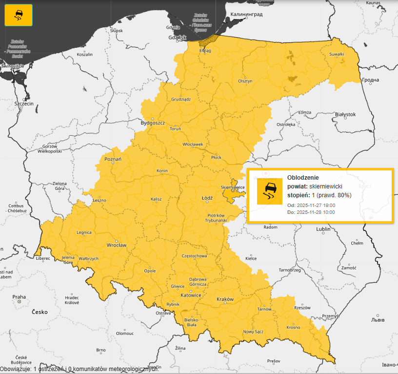 ⚠️UWAGA⚠️
‼️NOWE OSTRZEŻENIA METEOROLOGICZNE #IMGW‼️
Oblodzenie stopień: 1
Ważne od 2025-11-27 19:00 do 2025-11-28 10:00
Szczegóły prognozy i aktualne ostrzeżenia:
👉meteo.imgw.pl
#IMGW #ostrzeżenia #prognozapogody #oblodzennia  #opadydeszczu #deszcz #opadyśniegu #śnieg