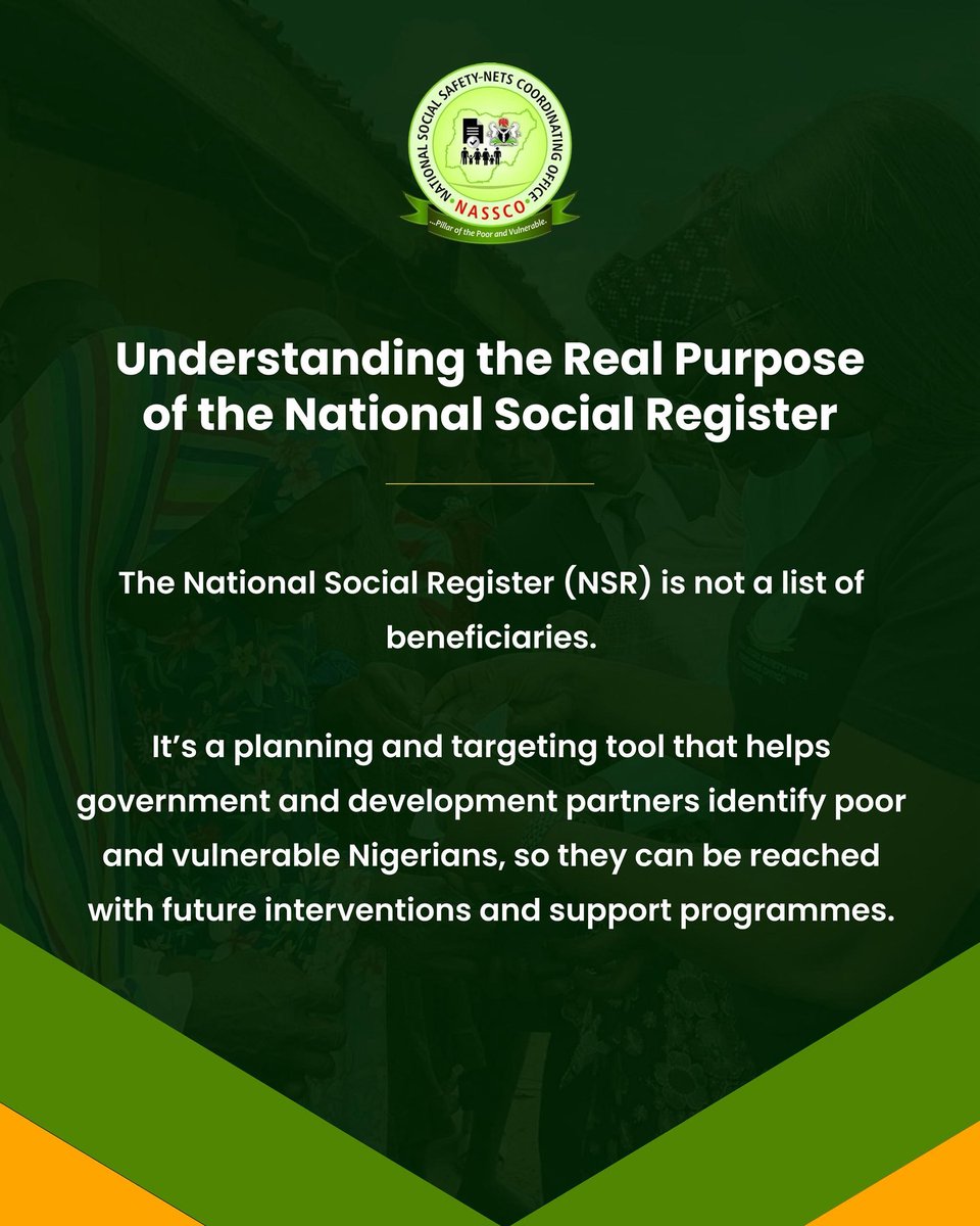 NasscoNigeria's tweet image. The NSR is often misunderstood. It does not decide who gets paid and it is not a list of beneficiaries. It is a tool that helps government and development partners identify vulnerable households when planning future interventions.
#NASSCO #NSR #socialprotection