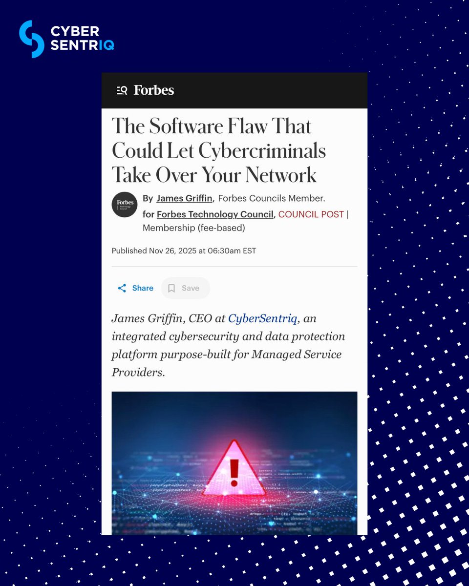 CyberSentriq1's tweet image. #CyberSentriq featured in @Forbes! 🎉

This article breaks down a serious #EntraID flaw and drives home the importance of building resilience into every layer of your environment. Backup, recovery, policy, and human practice all matter.

Read more: forbes.com/councils/forbe…