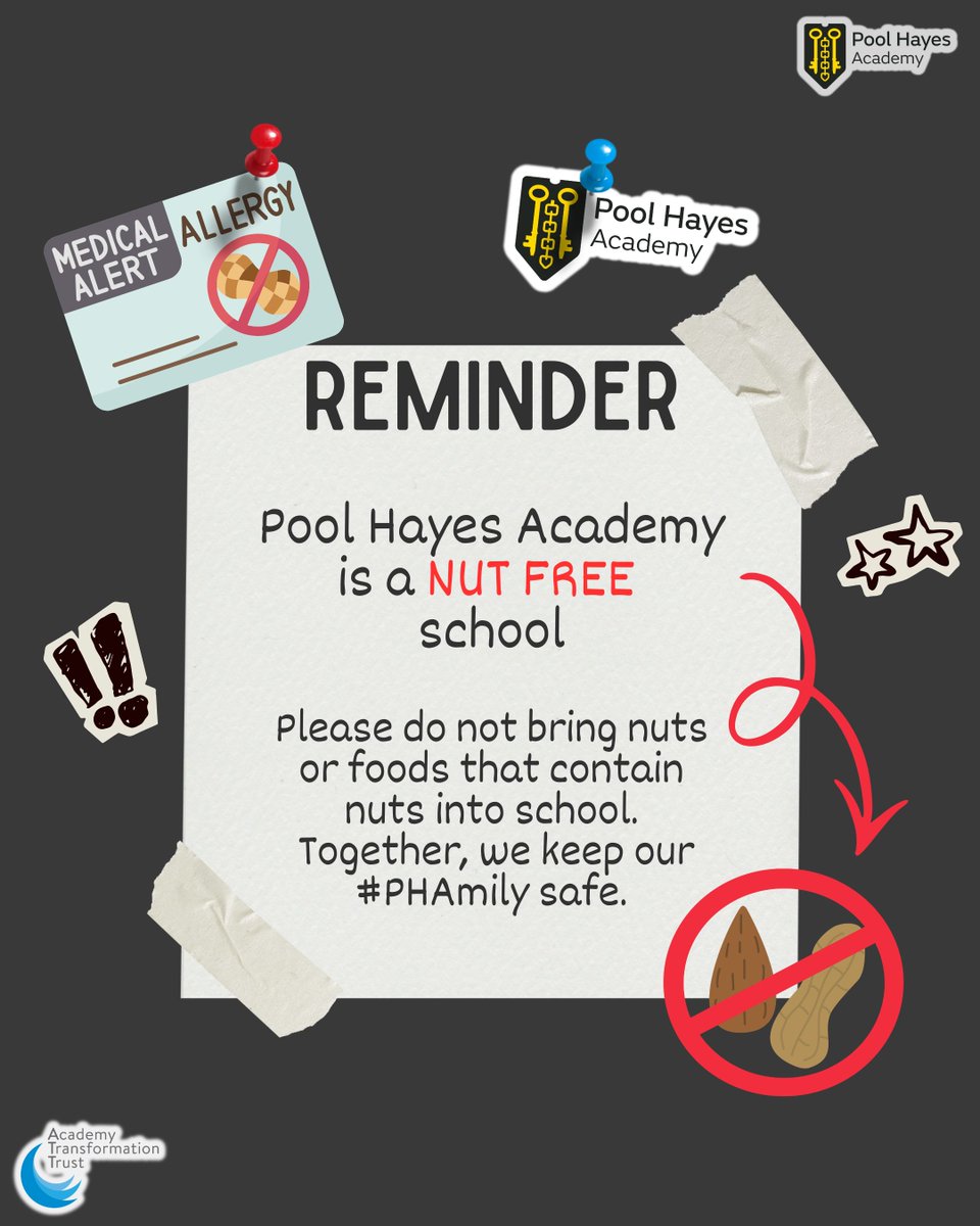To keep our students with allergies safe, Pool Hayes Academy remains a nut free environment.
Please check snacks and packed lunches carefully before sending them in.
Together, we keep our #PHAmily safe.