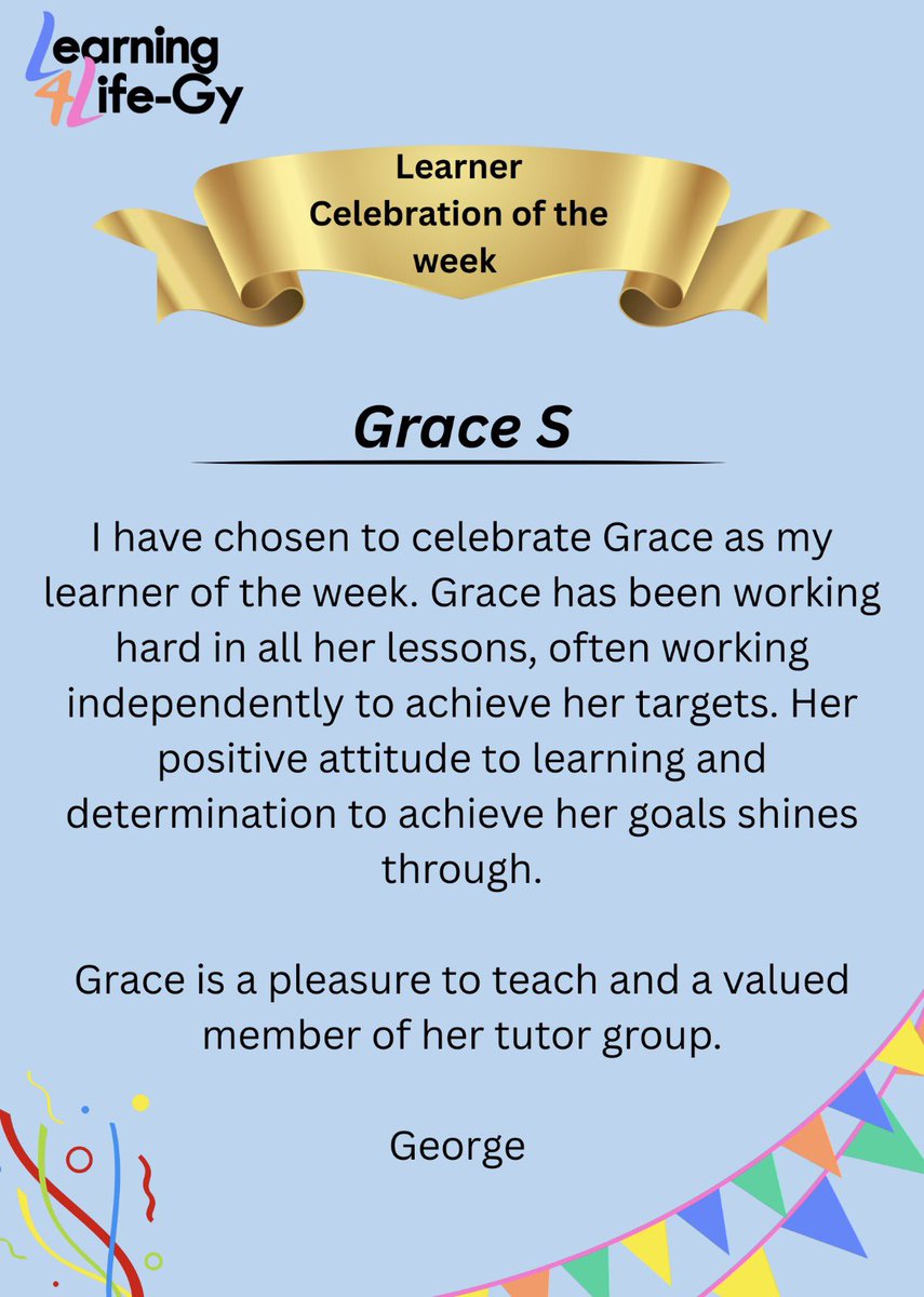 L4LGy's tweet image. ⭐️Learner Celebration of the week⭐️

Well done Grace, keep up the amazing work! 📚

#learnercelebration #l4l #education