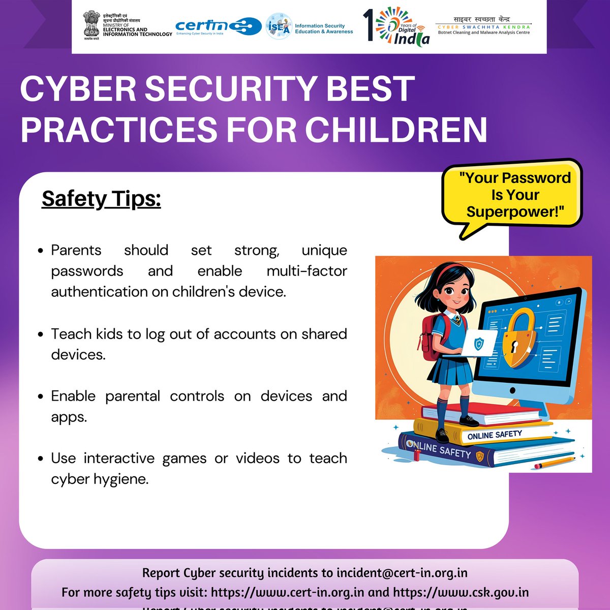 IndianCERT's tweet image. Cybersecurity best practices.  #indiancert #cyberswachhtakendra #StaySafeOnline #cybersecurity #besafe #staysafe #mygov #Meity #onlinefraud #cybercrime #scamming #cyberalert #CSK #CyberSecurityAwareness