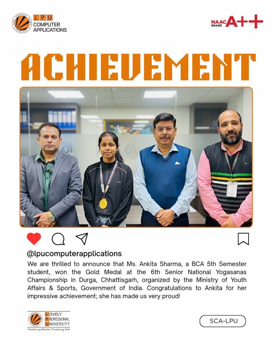 LPUComputerApp's tweet image. Proud moment!
Congratulations to Ankita Sharma (BCA 5th Sem) for winning the Gold Medal at the 6th Senior National Yogasanas Championship in Durg, Chhattisgarh.
A remarkable achievement—well done, Ankita! 🌟
#SCALPU #LPU #Achievement #Yogasana #GoldMedalist