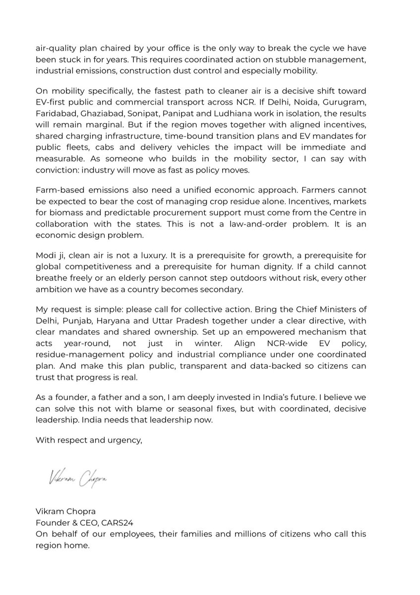 vikramchopra's tweet image. I have emailed this letter to the Hon’ble Prime Minister @narendramodi sir. Sharing it here and tagging @PMOIndia so it reaches him without fail. Delhi-NCR cannot keep breathing like this. We need unified, urgent action now.

#AirQuality #Delhipollution #DelhiAQI #Pollution