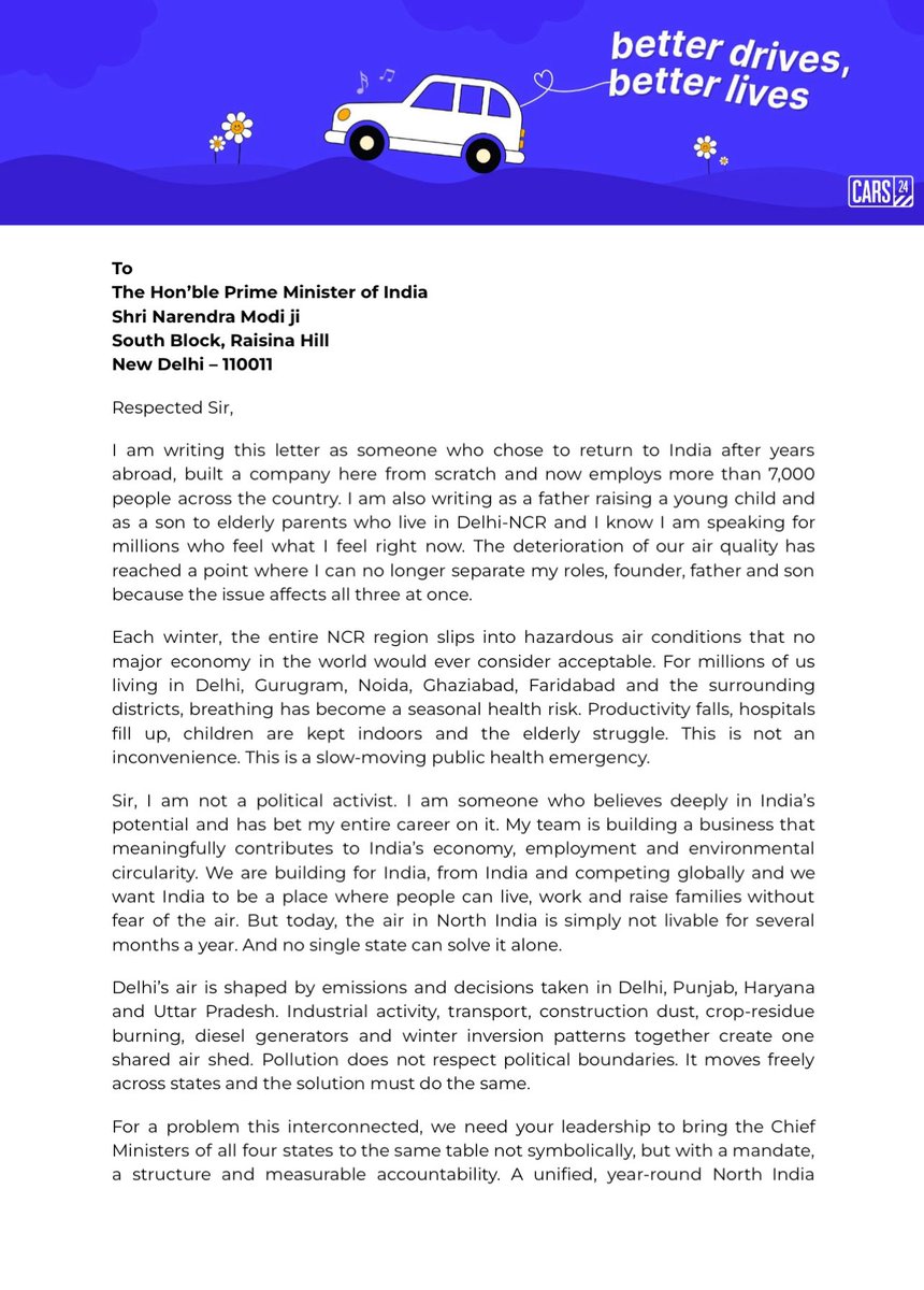 vikramchopra's tweet image. I have emailed this letter to the Hon’ble Prime Minister @narendramodi sir. Sharing it here and tagging @PMOIndia so it reaches him without fail. Delhi-NCR cannot keep breathing like this. We need unified, urgent action now.

#AirQuality #Delhipollution #DelhiAQI #Pollution