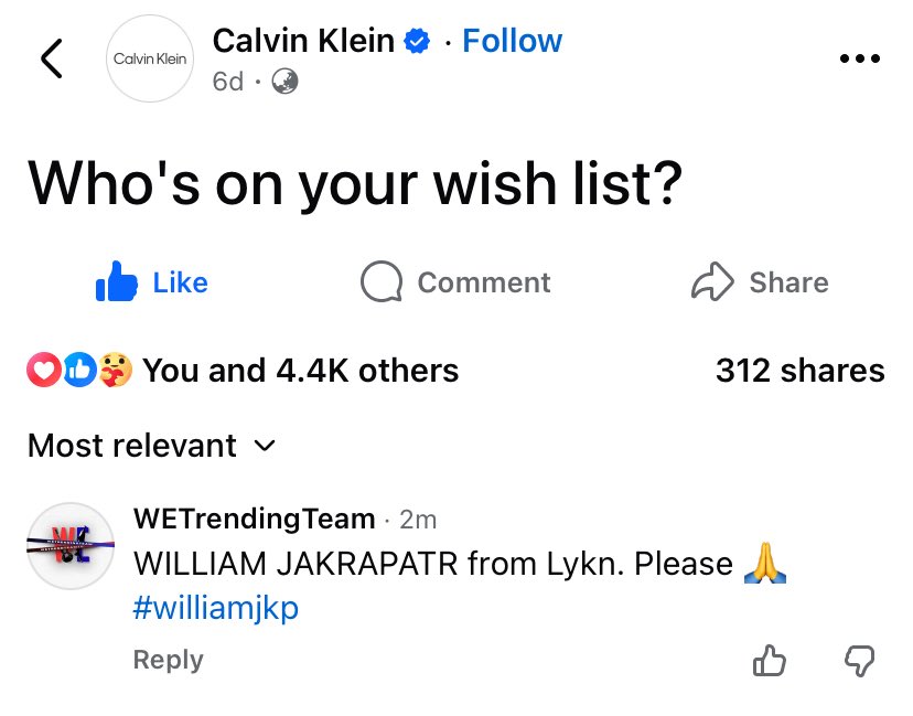 WETrendingTeam's tweet image. Calvin Kelin brand asked who do we have on our wishlist ❤️. Let’s all comment for William Jakrapatr 🐶 

🔗 facebook.com/share/p/1Cjoid…

#williamjkp #วิลเลี่ยมจักรภัทร #calvinklein