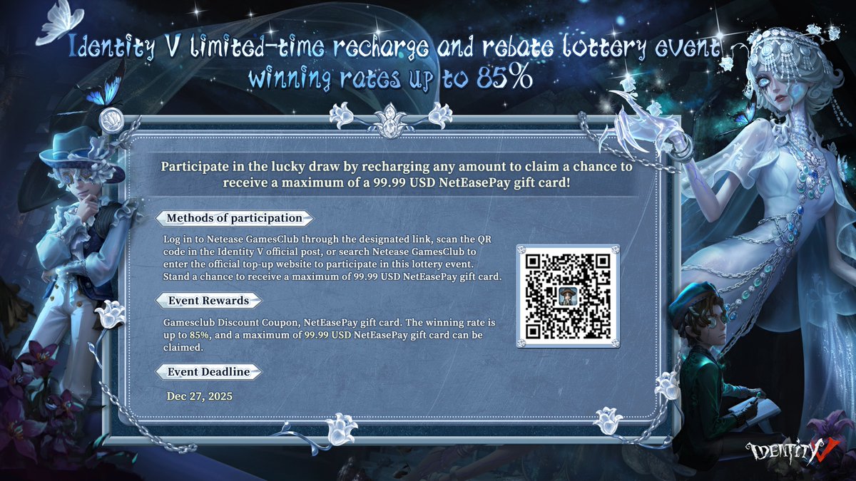 GameIdentityV's tweet image. Dear Visitors,
Identity V&apos;s new main story chapter, Cage of Yesteryear, is now live!
Have you already tried out the new Hunter &quot;Queen Bee&quot;?
The Recharge Rebate Event is also in full swing on the official top-up center!
The event lasts until December 27—don&apos;t miss out on these…