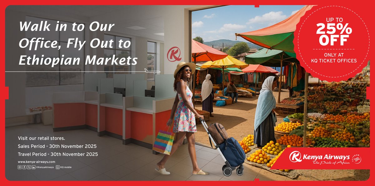 🌤️Did you know real magic happens at the counter? 😉
😎Walk in. Book it. Fly it. Snag 25% OFF on flights to Addis Ababa, Ethiopia!
👀Book by Nov 30 2025 | Travel by Nov 30 2025.
#PrideOfAfrica  #WalkInDeal #FLYKQ