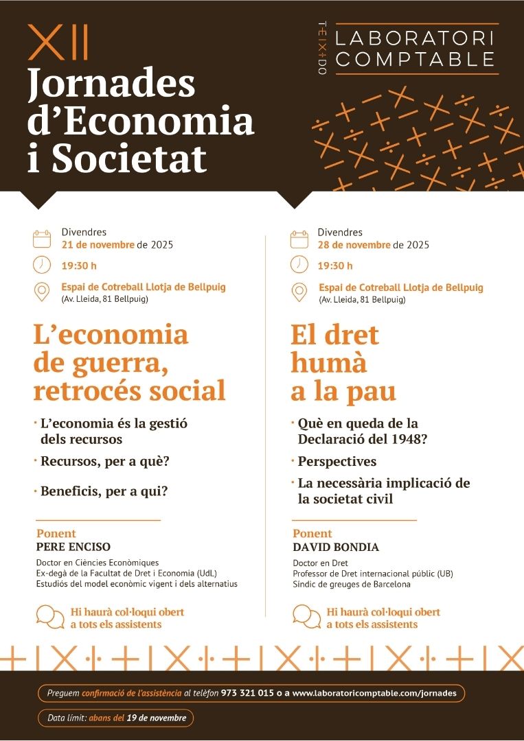 sindicaturabcn's tweet image. 🗣️ El síndic de greuges, @DavidBondia, farà demà, divendres, una ponència a les Jornades Economia i Societat a Bellpuig (l&apos;Urgell), a les 19.30 h. 

Hi abordarà el dret humà a la pau i la necessitat que la societat civil s&apos;hi impliqui. 

Més informació a:
laboratoricomptable.com/jornades/