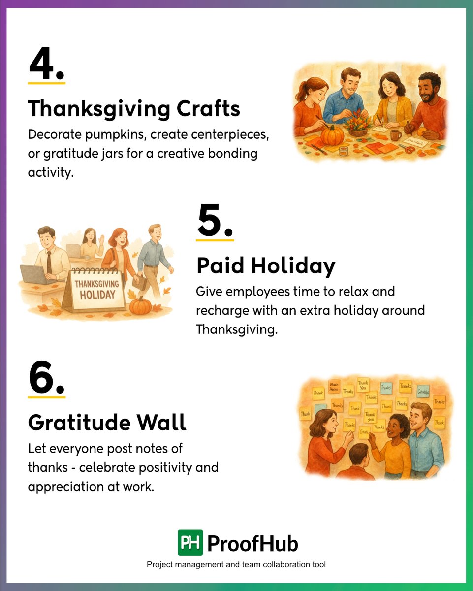 ProofHubApp's tweet photo. If you want to bring the Thanksgiving spirit into your workplace, we’ve compiled a list of 𝙏𝙝𝙖𝙣𝙠𝙨𝙜𝙞𝙫𝙞𝙣𝙜 𝙞𝙙𝙚𝙖𝙨 to help your team feel valued, connected, and genuinely celebrated.

Because when teams feel appreciated, everything else falls into place. https://t.co/7Dm6DM2WuU