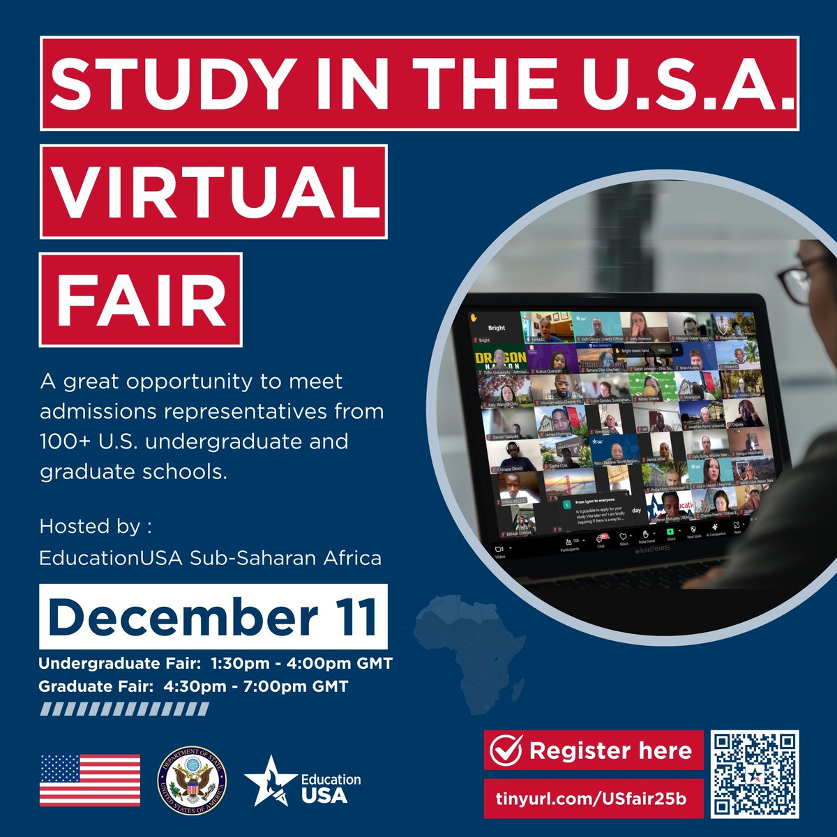 EdUSAGhana's tweet image. Take a giant step towards an international career with a U.S. degree. Register for the Study in the U.S.A. Virtual Fair on December 11. Registration remains open from now through the end of the fair. 

Register here: tinyurl.com/USfair25b

#studywithus #fypシ゚viralシfypシ゚…