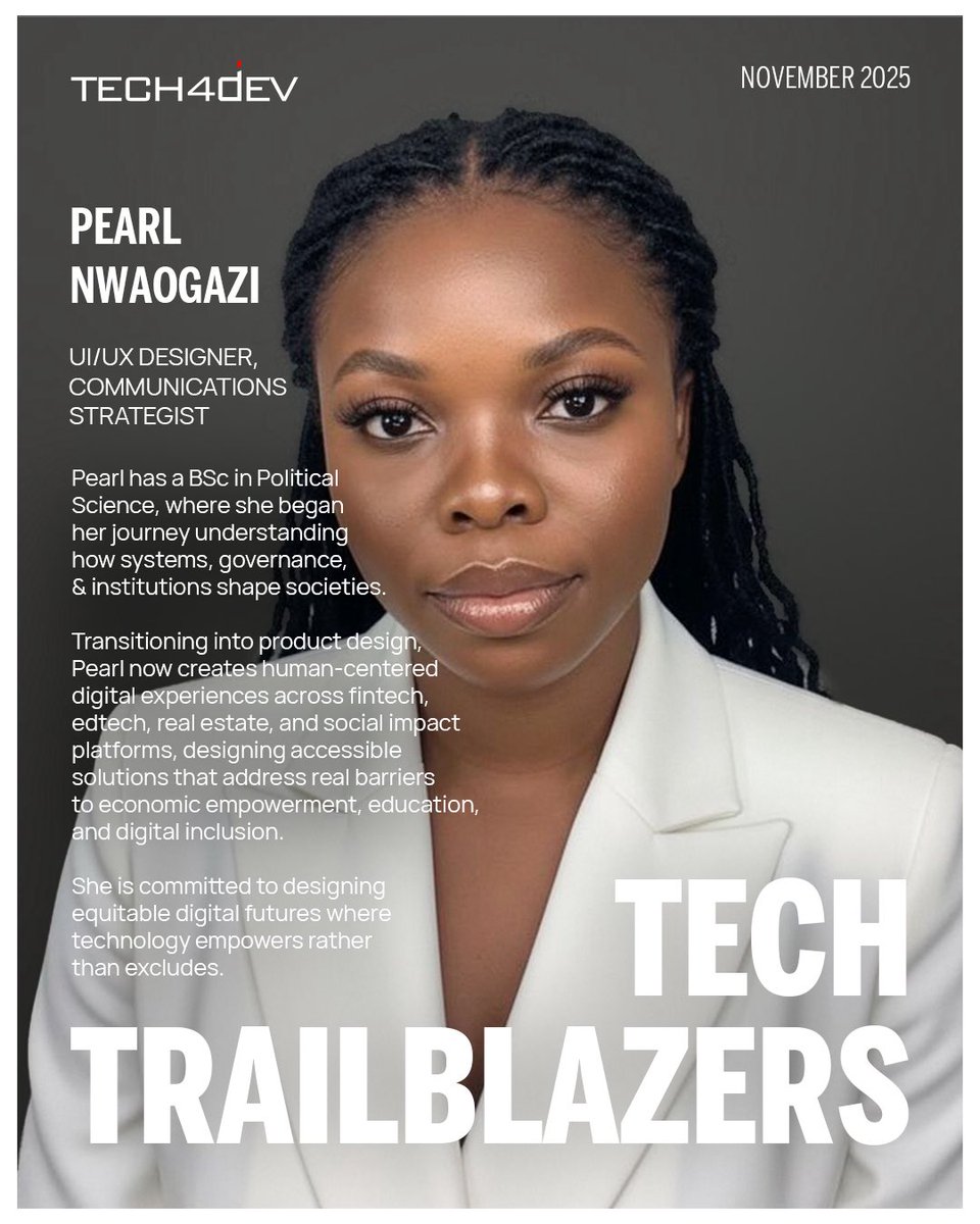 Tech4DevHQ's tweet image. Our Tech Trailblazer for the month of November is Pearl Nwaogazi.                                                                                   

Pearl Nwaogazi(@iamdiuto) is a UI/UX Designer and Communications Strategist who believes technology should serve everyone, not…
