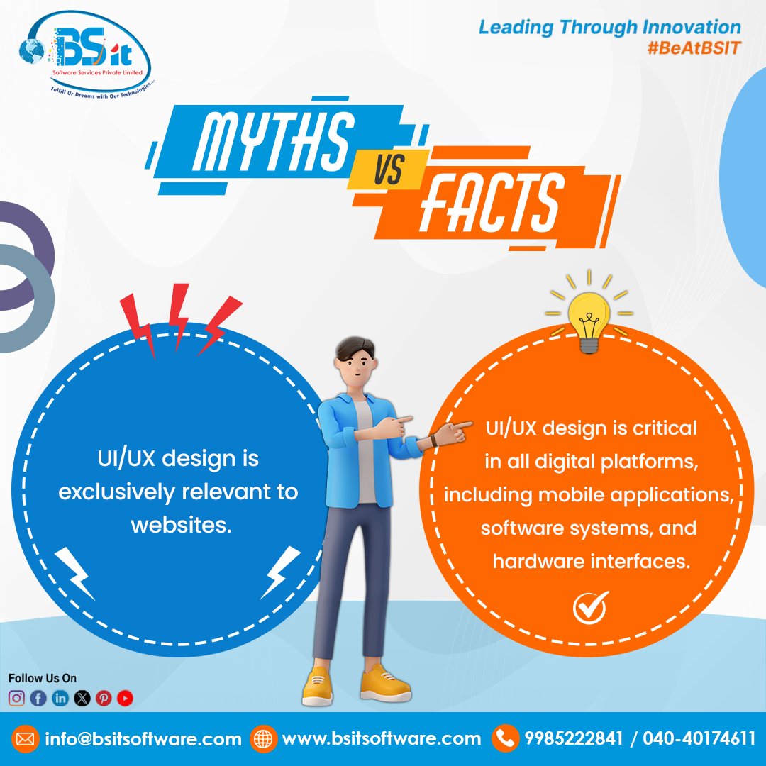 bsitsoftware's tweet image. Myth vs Fact 🎯 | UI/UX Edition
UI/UX isn’t limited to websites — it shapes the experience of every digital product we interact with daily. From apps to enterprise systems, great design drives better usability, stronger engagement &amp;amp; business growth. 🚀💡

#BSIT #BSITSoftware…