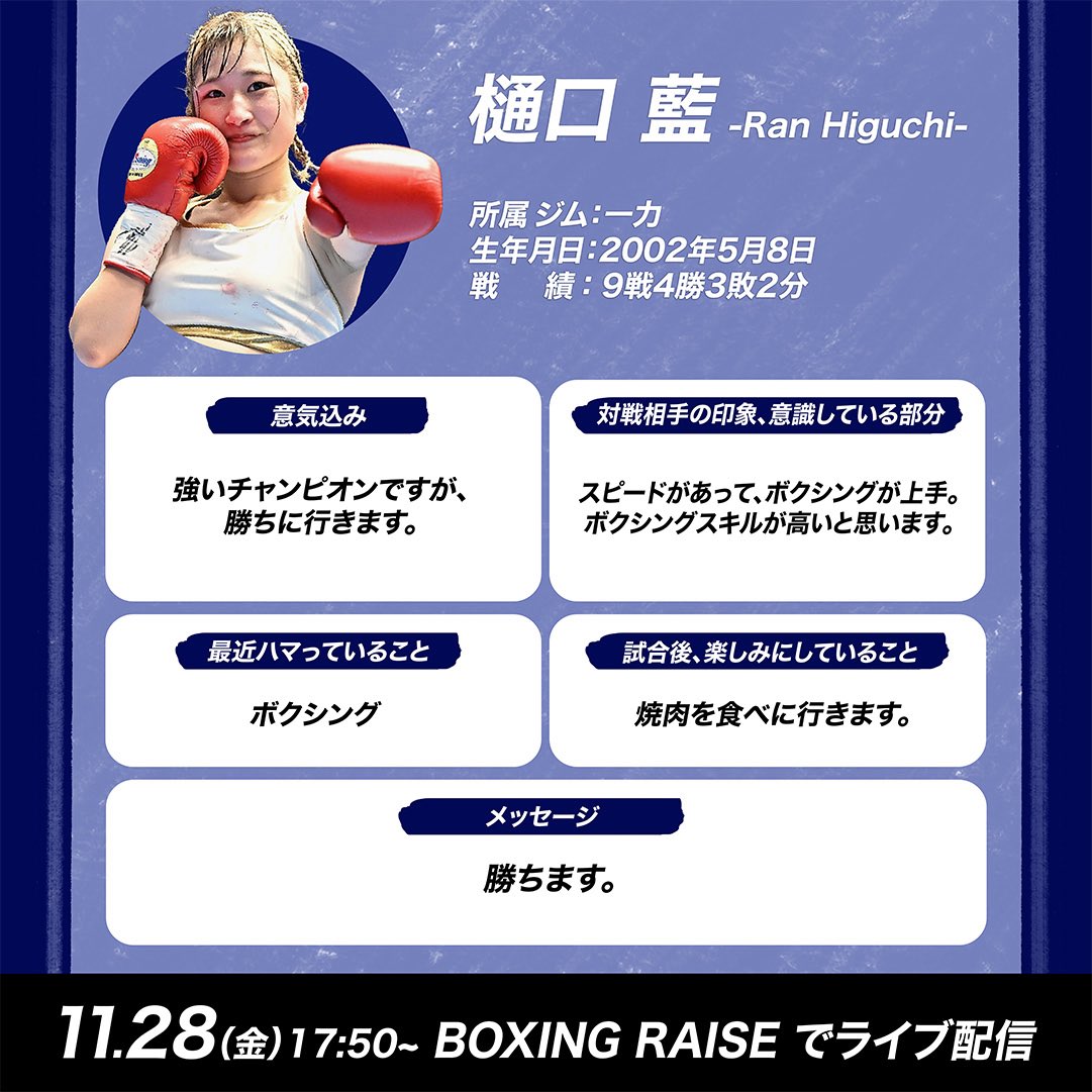 明日は11月最後のライブ配信
#FightingBee .38 ⚔️❤️‍🔥
••••••••••••••••••••••••••••

【 🎙️出場選手アンケート 】
#樋口藍 選手（一力）

強い王者に、勝ちを獲りに行く。

明日17:50~ #BOXINGRAISE でライブ配信！
▼登録はこちらから
boxingraise.com