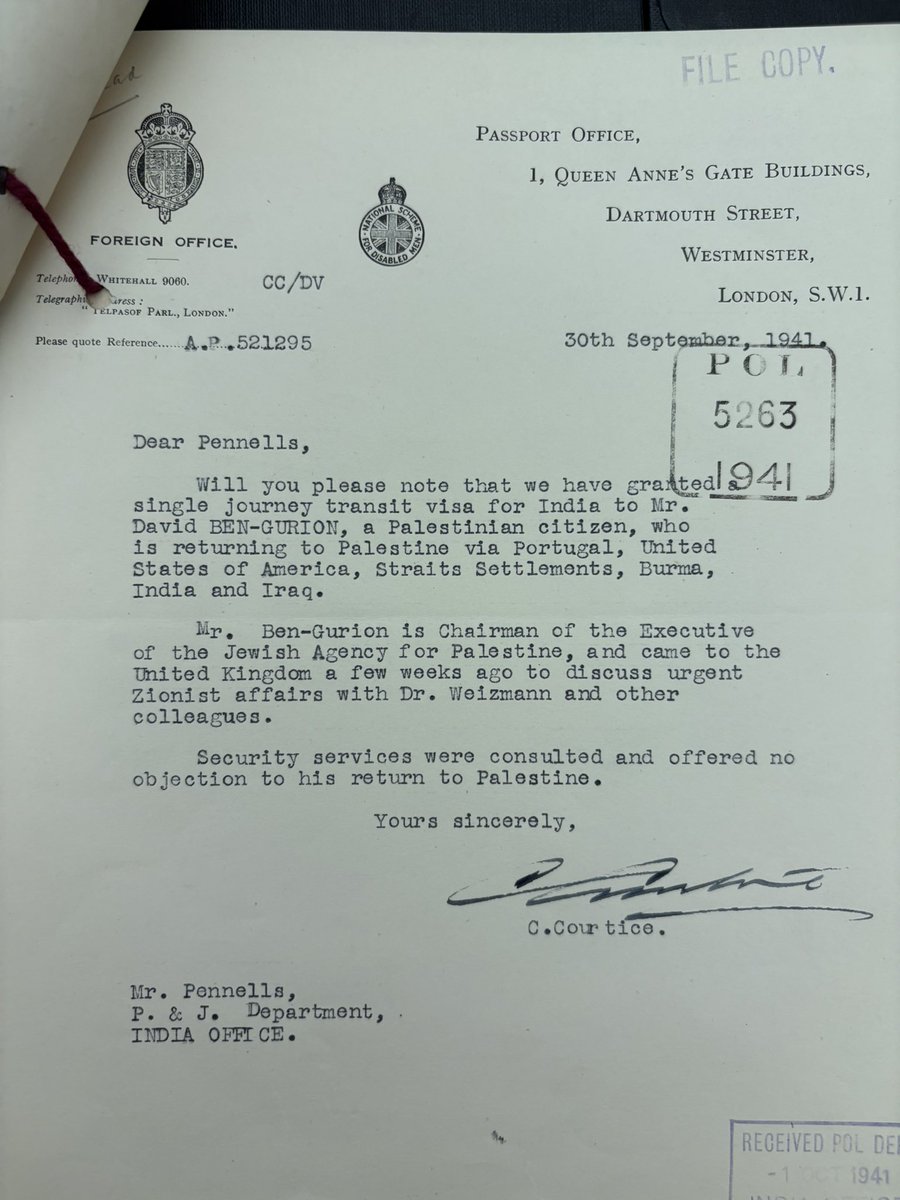 azadessa's tweet image. In 1941, the British India Office issued a transit visa for “David Ben-Gurion, a Palestinian citizen.”
Born in Poland. Leader of the Zionist Haganah. Later Israel’s first PM.
History has receipts. And they’re often stamped.