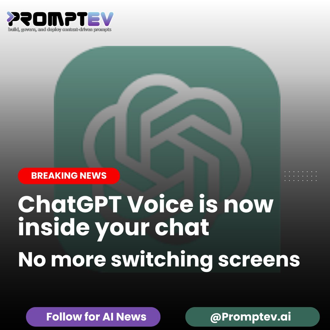 promptevai's tweet image. ChatGPT just got smoother!

Now you can use voice right inside your chat. No extra screens. No mode switching.
You talk, you see replies, and you stay in the same window. Super simple, super fast!
Try it now promptev.ai
#Promptev #AINews #ChatGPTUpdate  #OpenAI