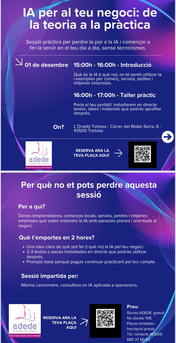 Reserva la teva plaça!!! I de 0 a #IA!!! El proper dilluns dia 1/12/25 a ⁦<a href="/LOnadaServeis/">L'Onada Serveis</a>⁩ de #tortosa de la mà de ⁦<a href="/ml_labs_/">MarinaLanckmans</a>⁩ !