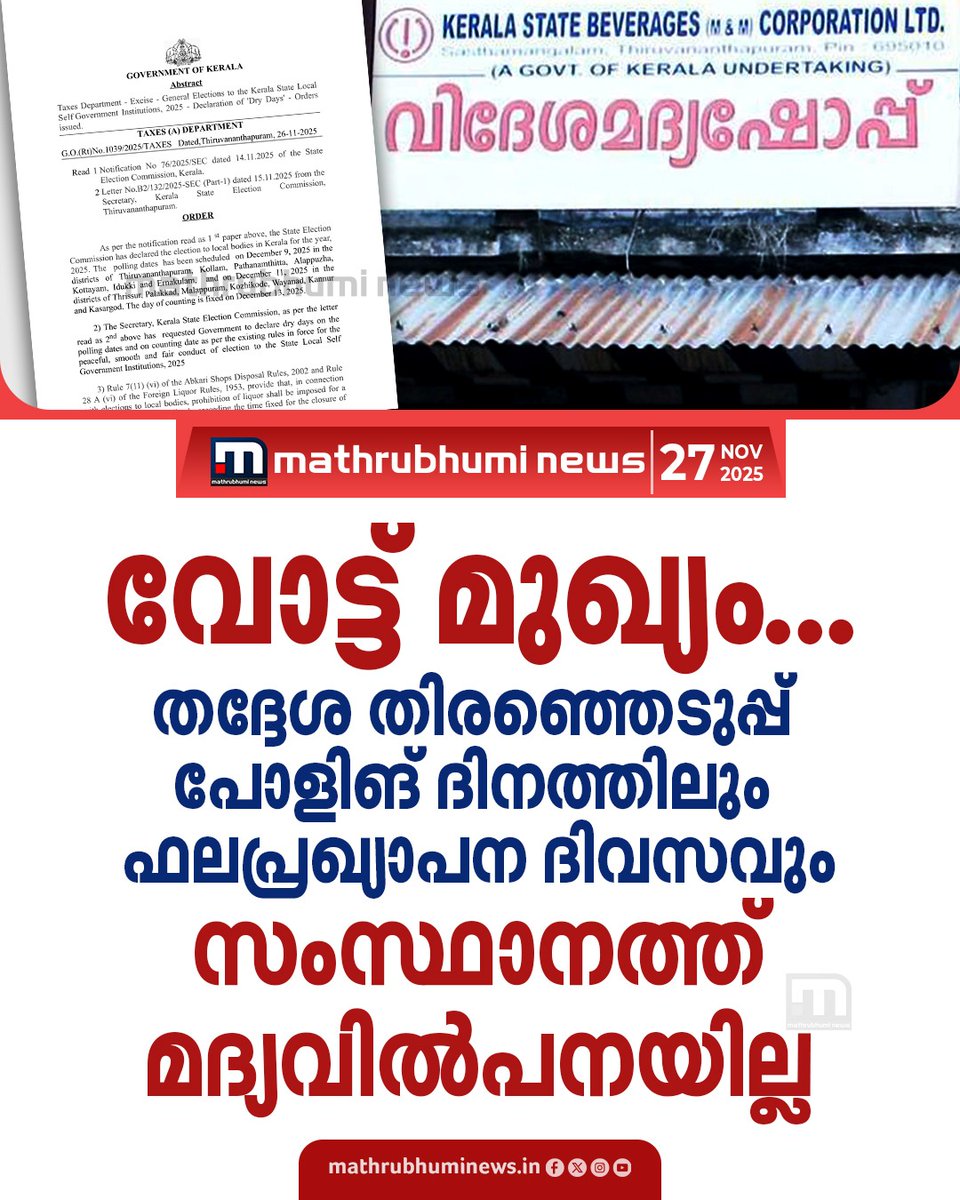 mathrubhuminews's tweet image. വോട്ട് മുഖ്യം... തദ്ദേശ തിരഞ്ഞെടുപ്പ് പോളിങ് ദിനത്തിലും ഫലപ്രഖ്യാപന ദിവസവും സംസ്ഥാനത്ത് മദ്യവില്‍പനയില്ല

#DryDay #localbodyelections2025