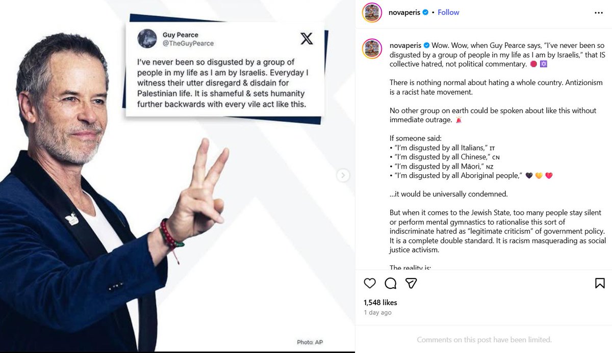Nova Peris put this up on Insta last night. It's too long to paste it all here, but she went on to infer that Guy Pierce is mentally ill, somehow damaged &amp; then she quoted genocide supporter Alex Ryvchin. This woman is disgusting &amp; a liar &amp; a paid Ziospokestroll for Israel: