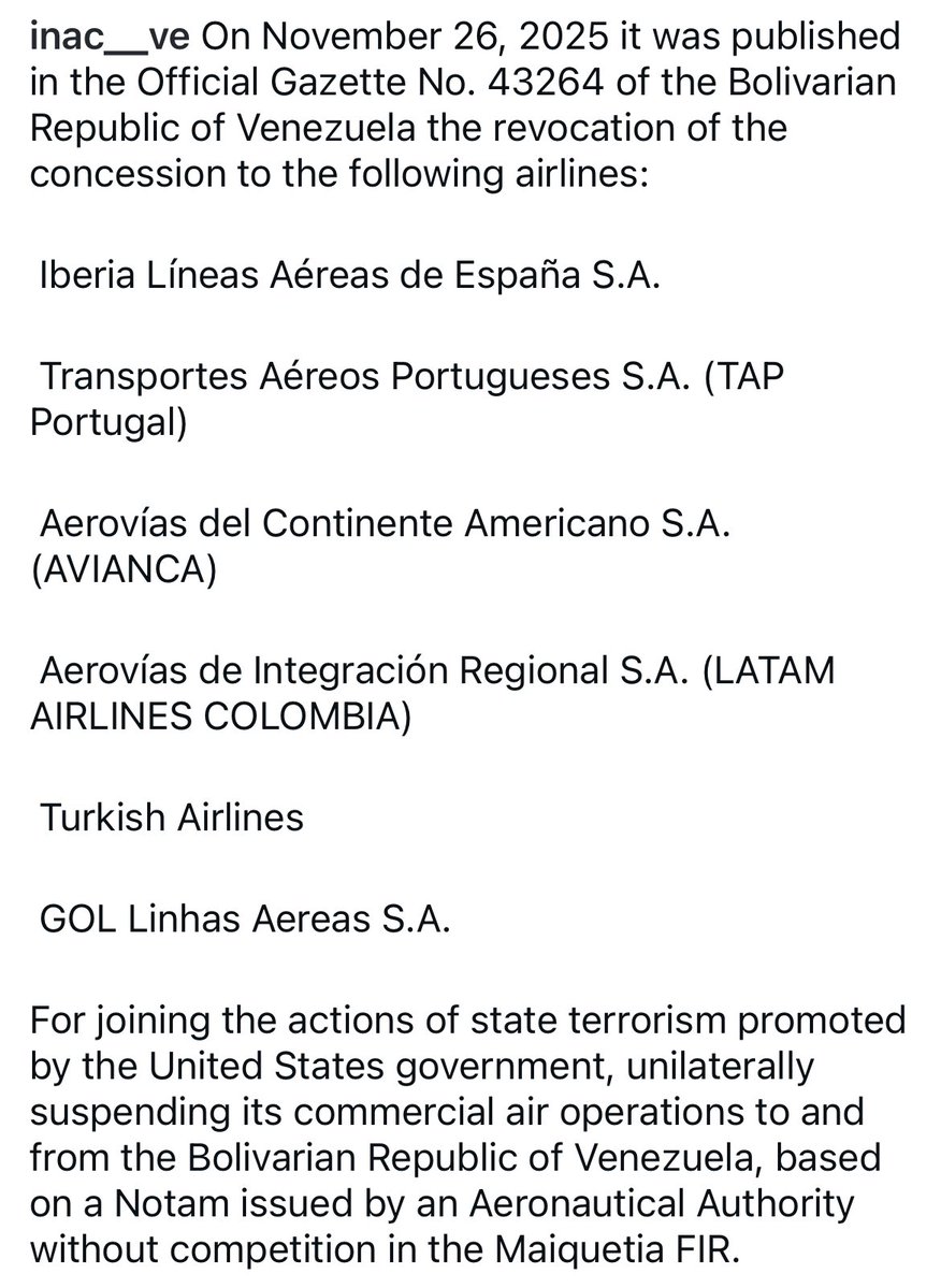 brentito86's tweet image. NEW
Venezuela has followed through with its threat and revoked access to the country for 6 airlines - Iberia, TAP Portugal, avianca, Latam, Turkish Airlines and GOL Airlines. The airlines suspended flights due to a NOTAM issued by the FAA citing security concerns. 
#Avgeek