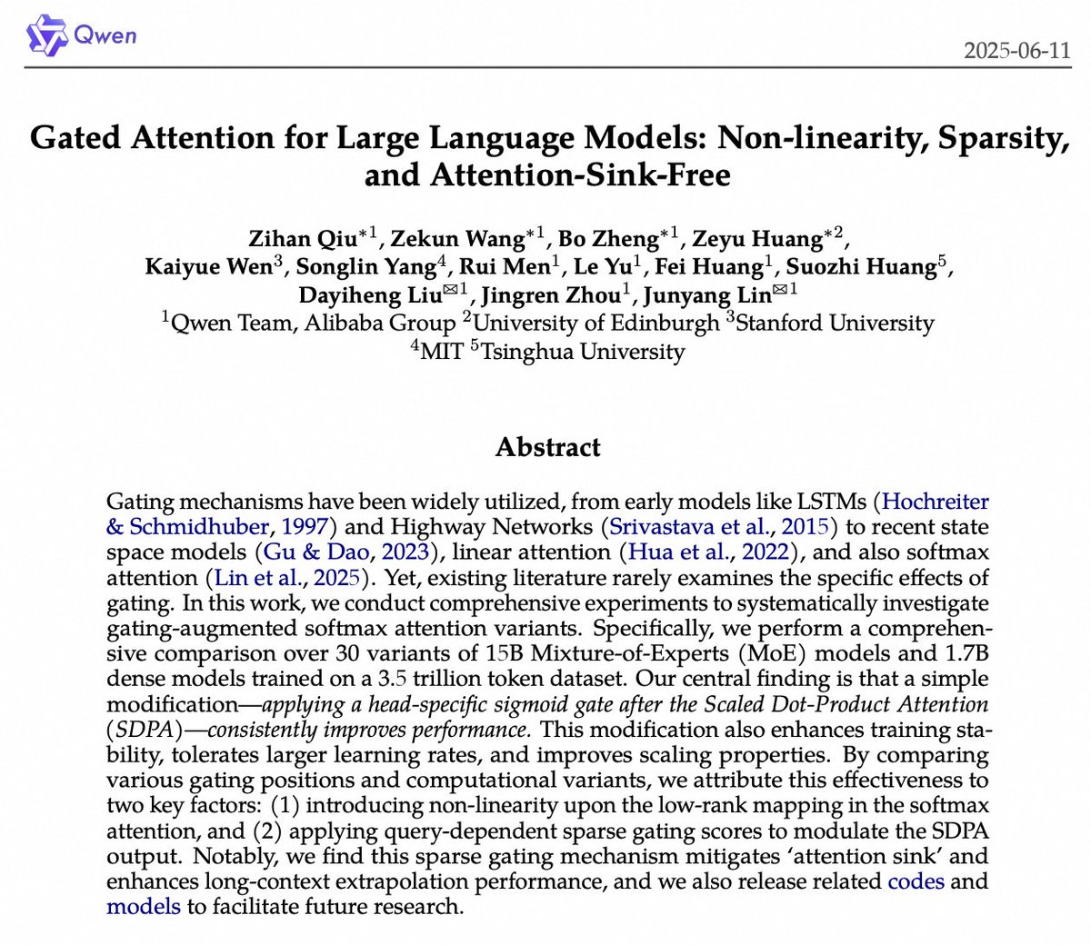 ModelScope2022's tweet image. 🔥 Huge win for the Qwen team! Their paper on Gated Attention just won a NeurIPS 2025 Best Paper Award! 🏆

📄 Paper: modelscope.cn/papers/2505.06…

They found that slapping a tiny sigmoid gate after each attention head—think of it as a smart “regulator” for LLMs—makes models sharper,…