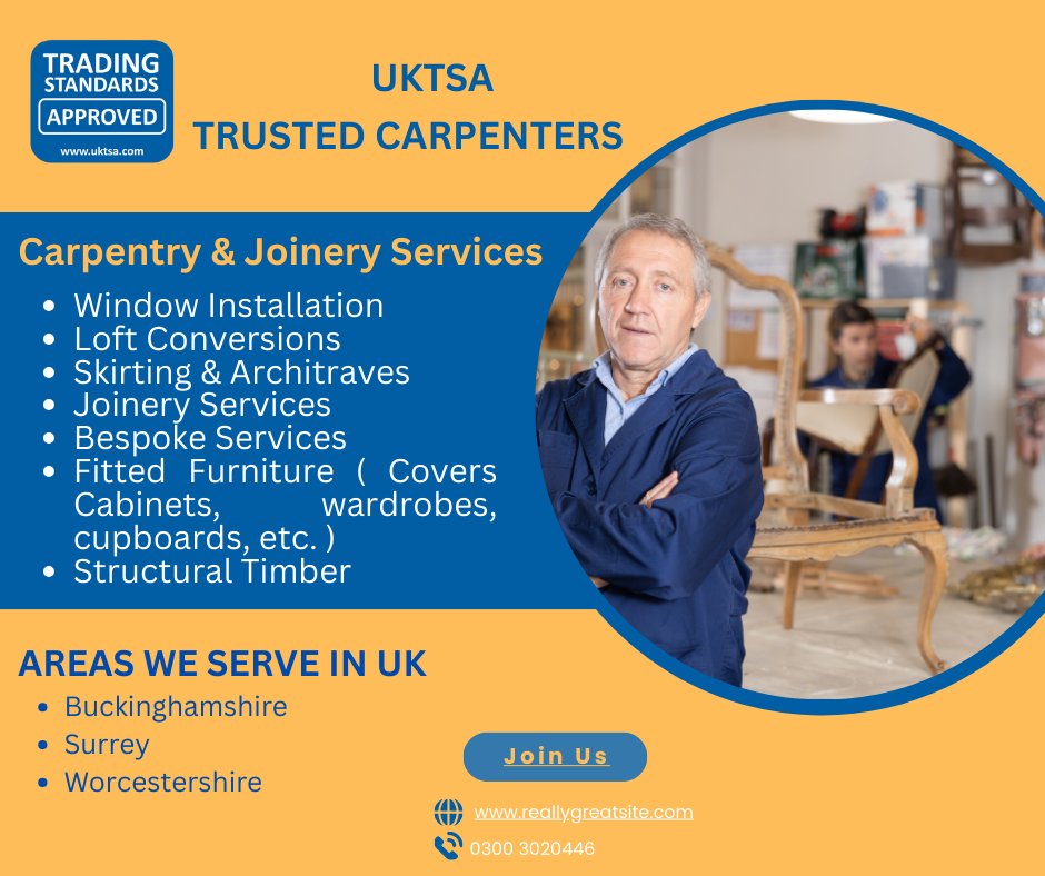 UKTSApproved's tweet photo. Need Trusted Carpenter Near You?

Choose UK Trading Standards Approved trusted carpenters in Buckinghamshire, Surrey &amp; Worcestershire.

Get Registered with UKTSA
⭐ Read reviews
💷 Compare quotes

Learn more: https://t.co/UWsKGH0Rhx

#HomeImprovementServices #UKTrustedCarpenters https://t.co/fSE4FSzZdm