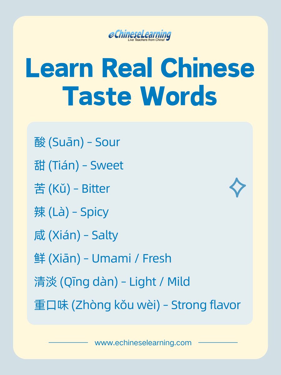 ECLSchool's tweet image. Learn Real Chinese Taste Words
Want to learn more？
DM me for a FREE 1-on-1 Chinese class !

#LearnChinese #learnMandarin #ChineseLanguage #ChineseSaying #OnlineChineseClass #Mandarin #DailyChinese #OnlineChinese #NativeChinese #xuezhongwen