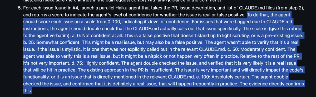 morgymcg's tweet image. Claude Code `code review` plugin asks a haiku agent to score the issue found from 0-100, in 25 point increments. 

Interesting how this sort of goes against current LLM as a judge practice of avoiding numeric scoring rubrics if you can use classes instead, e.g. &quot;high&quot;, &quot;low&quot; etc