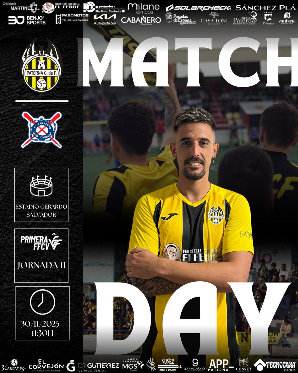 PaternaCdeF's tweet image. ⚔️ J11
#MatchdayPrimerEquipo
🗓️ Domingo, 30 de noviembre 
⌚️ 11:30h
🏟️ Estadio Gerardo Salvador
🆚 C.F. San Pedro

#orgullogualdinegro #amuntpaterna