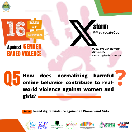MadvocateCbo's tweet photo. 5Q; How does normalizing harmful online behavior contribute to real-world violence against women and girls?
#16DaysOfActivism  #EndGBV #EndDigitalViolence 

@YSW_Kenya
 @SafeKenya1
 @MadvocateCbo
 @Ysd_kilifi
 @Youth_Dare
 @VYEI_Official
 @Timiza_CC
  @MariakaniY 
 @accmatsangoni https://t.co/kPOynlHHTX
