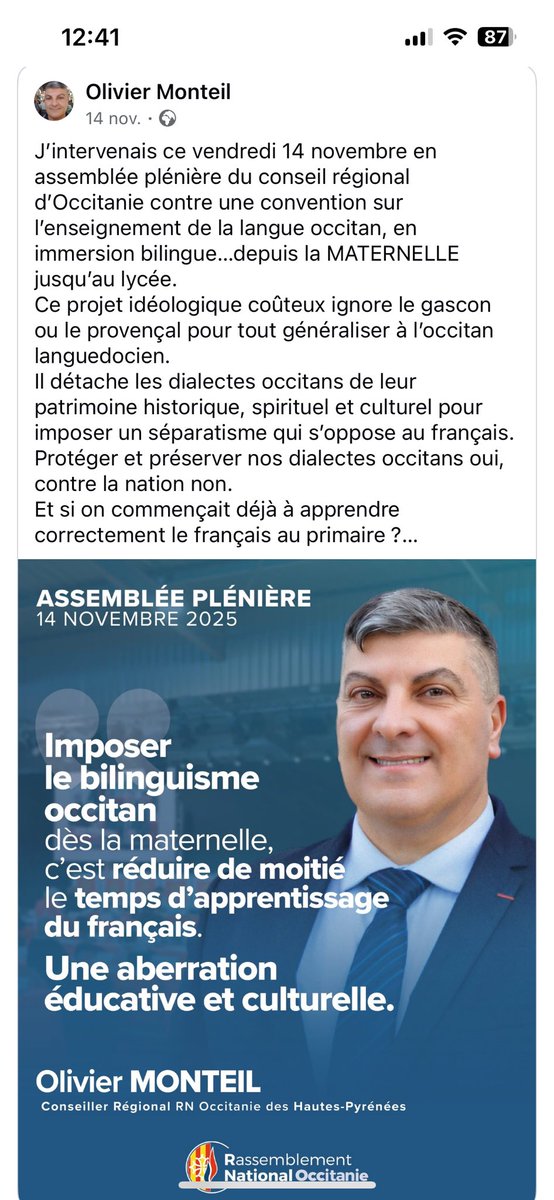 Des nouvelles des champions des terroirs et de la ruralité. Le RN contre la généralisation de l'offre d'enseignement en Occitan. #antifa