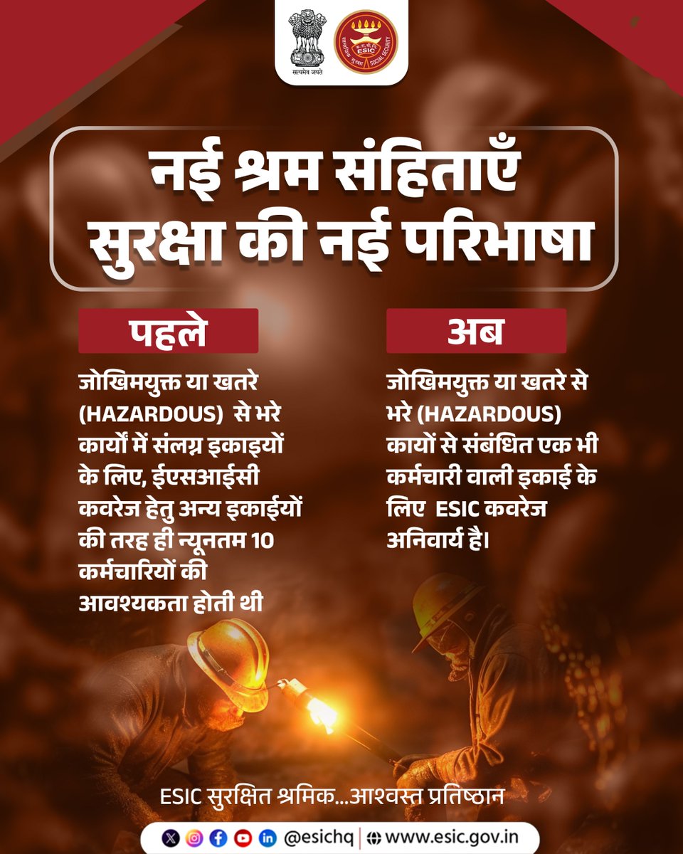 नई श्रम संहिताएँ, सुरक्षा की नई परिभाषा – अब किसी भी खतरनाक (Hazardous) कार्य से जुड़ी इकाई में सिर्फ एक कर्मचारी होने पर भी ESIC कवरेज अनिवार्य है, ताकि हर जोखिम भरे कामगार को मजबूत सामाजिक सुरक्षा और भरोसेमंद संरक्षण मिल सके।
#ShramevJayate #श्रमेव_जयते