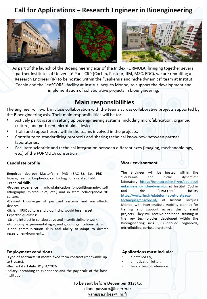 DoctorDianaP's tweet image. We’re recruiting a Research Engineer in #bioengineering

Join a dynamic multi-institute environment at @univ_paris_cite to support cutting-edge work in #microfluidics #organoids &amp;amp; tissue #manufacture

Apply👇🏻 if you’re excited about interdisciplinary collaborative science🔬🧪⚗️🧑‍🔬
