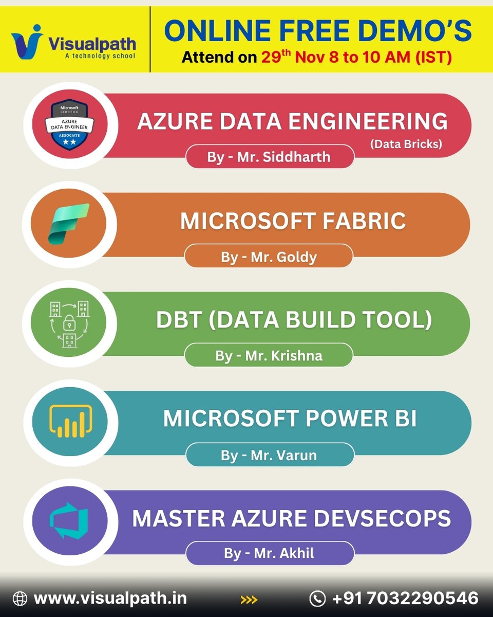 VisualpathPro's tweet image. 🌟 Join Our FREE Online Demo Sessions – 29th Nov | 8 AM to 10 AM (IST) 🌟

Level up your tech skills with top trainers and future-ready tools 💻🚀

📞 Call Now: +91 7032290546
🌐 Visit: visualpath.in

#FreeDemo #OnlineTraining #AzureTraining #DataEngineering #Microsoft