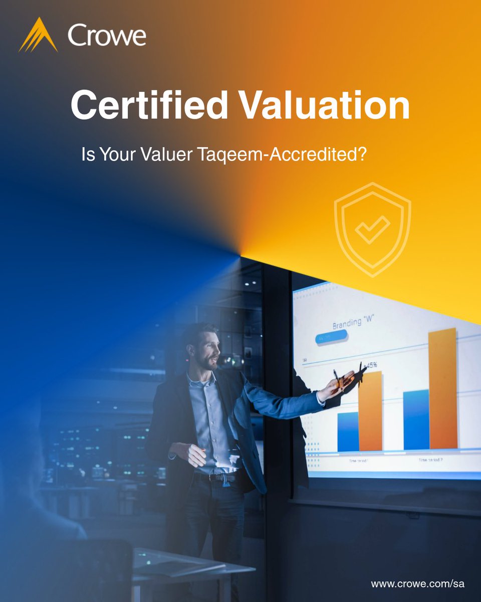 Crowe’s Taqeem-licensed team provides reliable machinery, equipment &amp; business valuations. #Taqeem #Crowe 

يقدم فريق شركة حلول كرو المعتمد تقييمات موثوقة للآلات والمعدات والمنشآت الاقتصادية.
#تقييم