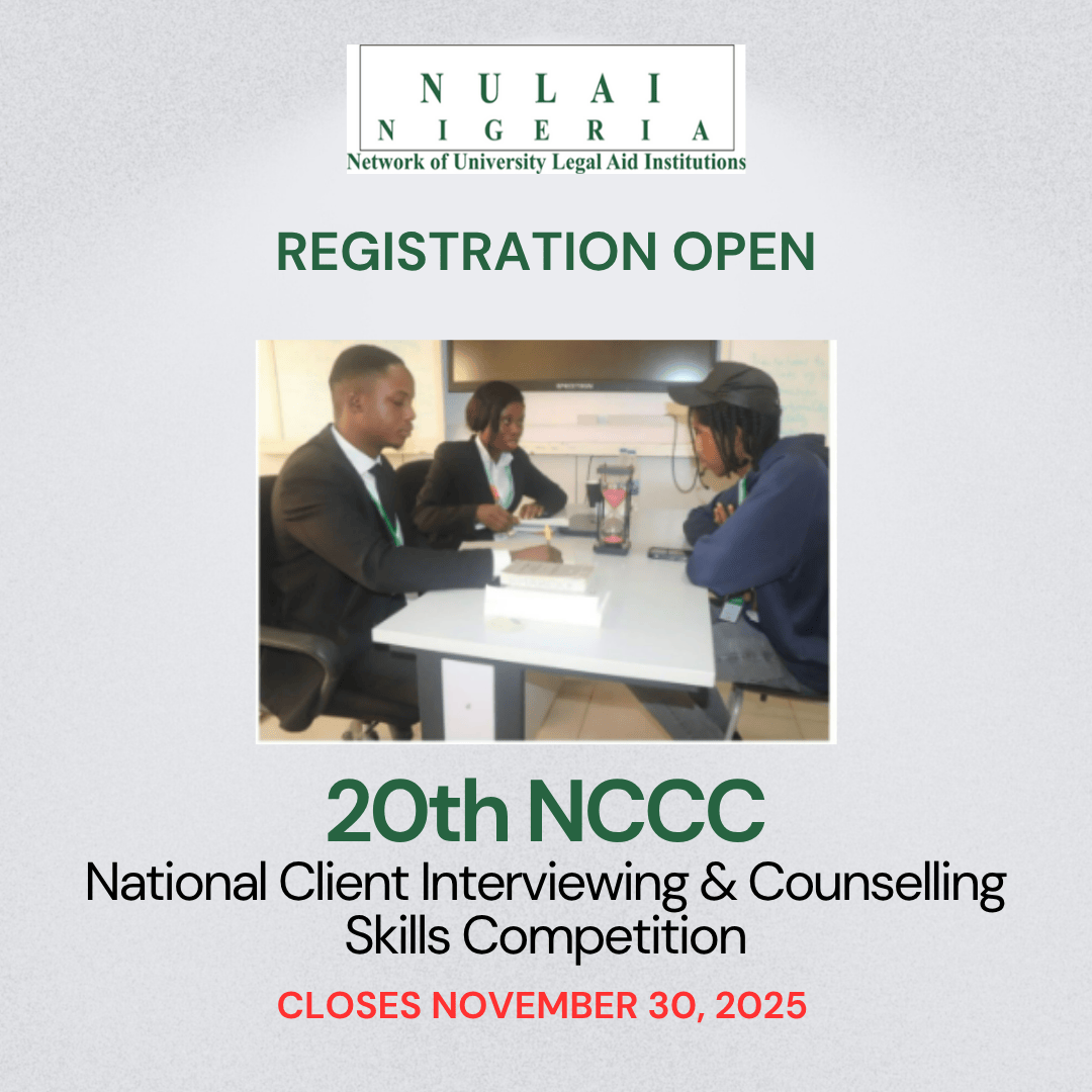 20th NCCC:
Registration Closes in 3 days!  Register today- mailchi.mp/nulai/national…

Theme: Use of Land
🗓️ Preliminary Rounds: December 11–12, 2025

#NULAINigeria 
#20thNCCC 
#LegalEducation 
#ClinicalLegalEducation 
#LawStudents 
#ClientCounselling 
#AccessToJustice