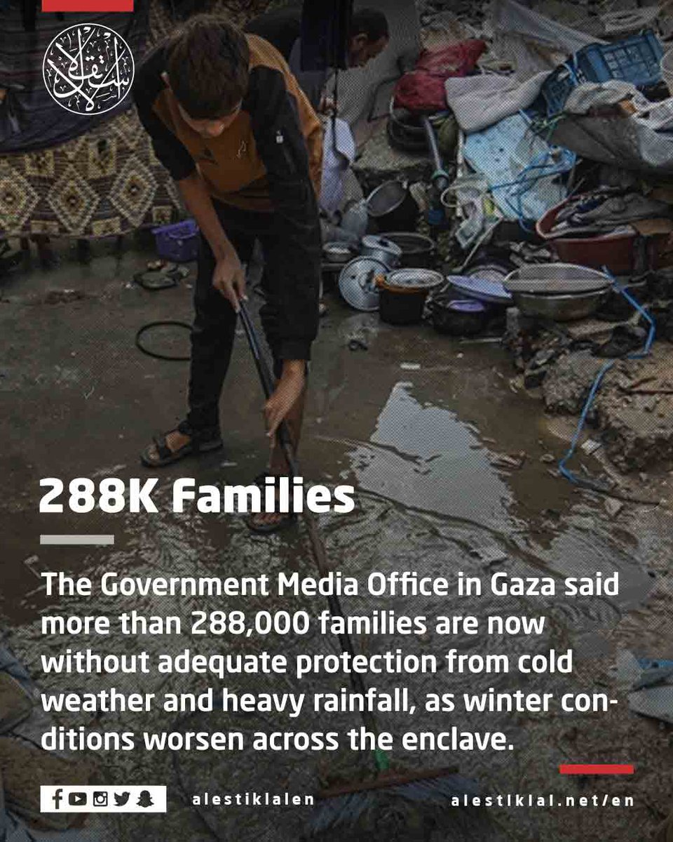 alestiklalen's tweet image. GAZA – WINTER CRISIS
Gaza’s media office says 288,000 families have no real shelter against cold and rain.
Despite calls for 300,000 tents and mobile homes, international response remains “very limited.”

#Gaza #WinterCrisis #Displacement #HumanitarianCrisis