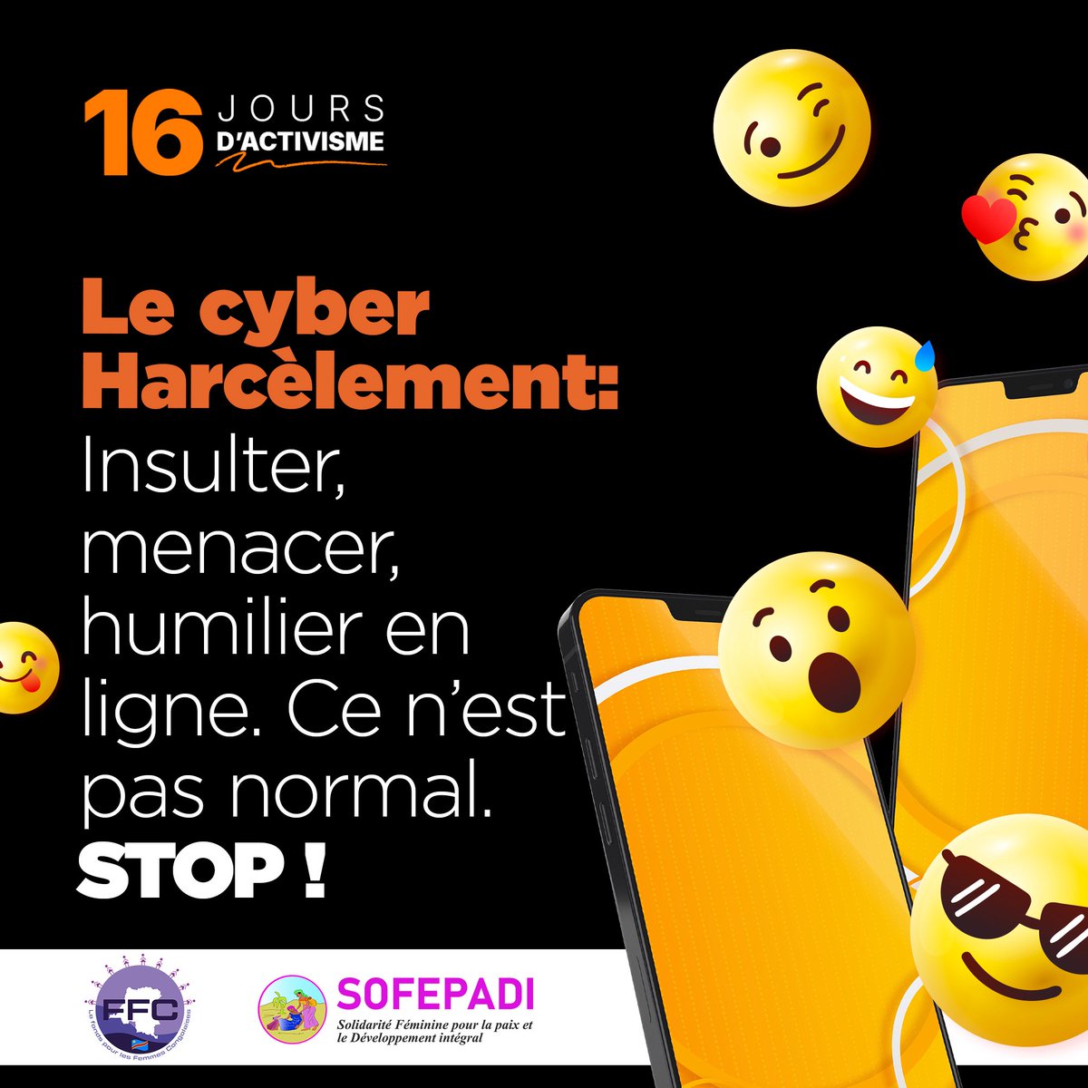 Face au cyberharcèlement, je choisis d’agir : je signale les abus au 495555, je bloque les agresseurs, je protège mon espace en ligne et je soutiens les victimes.
 
📳Disons STOP à la violence numérique ! 
#16jours #PasdExcuse #16JoursDActivisme #SofepadiXFfc