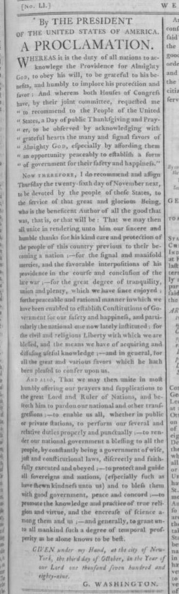 HAPPY THANKSGIVING!!

Prior to 1941 “Thanksgiving” wasn’t a date on a calendar, but instead whenever the President wanted it to be

Here we see George Washington 🇺🇸(on October 7th 1789) calling for a day of Thanksgiving on November 26th that same year 

#POTUS 🦃 
#Thanksgiving