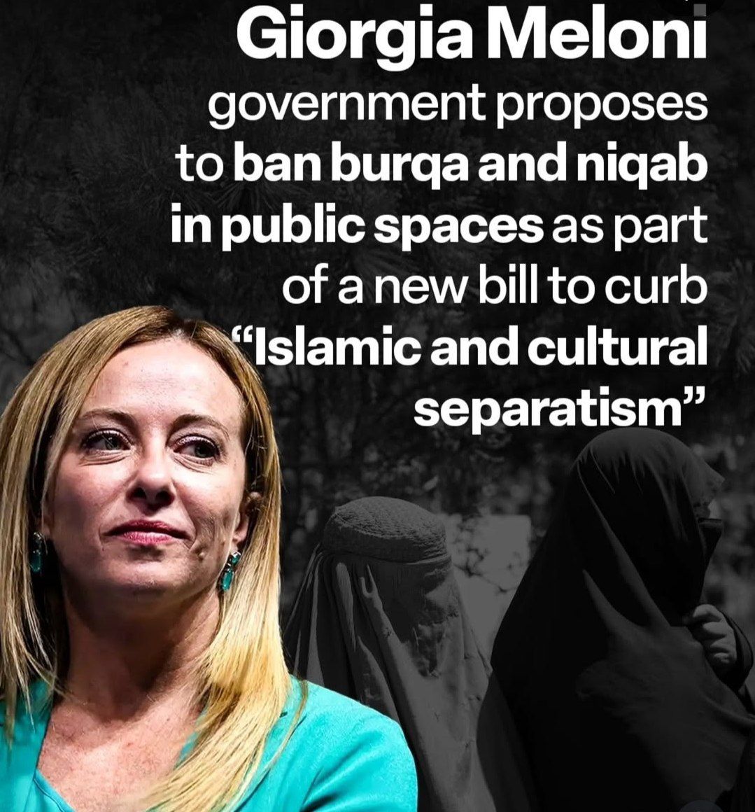 TRobinsonNewEra's tweet image. Meloni to ban the burqa and niqab in public spaces, part of a broader bill aimed at combating what it called &quot;cultural separatism&quot; linked to Islam.

All Muslim groups must disclose all funding sources. 

This is intended to stop foreign funding deemed a &quot;threat to Italian values&quot;…