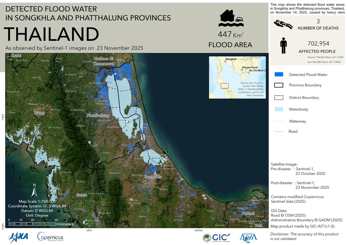 Sentinel_Asia's tweet image. Due to damage caused by continued heavy rain in  #Thailand from 19 to 23 Nov. (UTC) , @Sentinel_Asia was activated at the request of #GISTDA. 
Information has been uploaded to the Sentinel Asia website.  
sentinel-asia.org/EO/2025/articl…
Map produced by #AIT