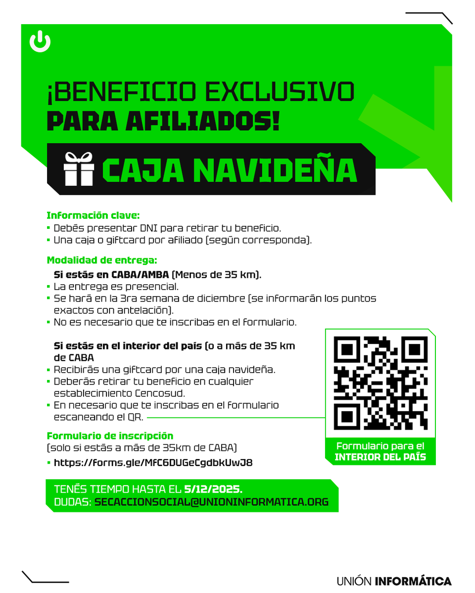 🎄 ¡Caja Navideña!

Beneficio exclusivo para afiliados de Unión Informática.

📌 Información clave:
• Inscripción solo vía formulario.
• Una caja por afiliado.
• Presentar DNI al retirar.

📍 Entrega:
CABA/AMBA: presencial, 3° semana de diciembre (lugares a confirmar).
