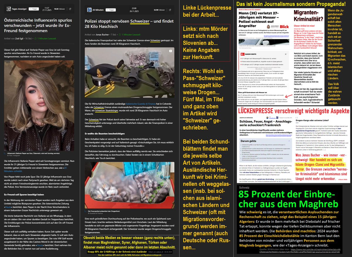 6o7Unimatrix01's tweet image. #Schweiz: Lückenpressen vertuschen wohl wieder #Migrantenkriminalität. Österreichische Influencerin, Stefanie #Pieper, wurde wohl ermordet, der mtm. Täter setzte sich nach Slowenien ab. Kein Wort über Herkunft - aber bei einem Drogenschmuggler mit Schweizer Pass, 5x ganz oben...