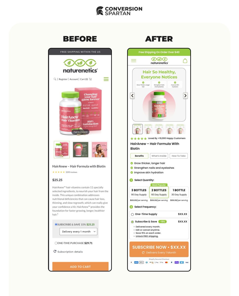 paulius_spartan's tweet image. Product page before/after concept for Naturenetics:

• Optimized images
• Highlighted benefits
• Added a bundle option
• Improved subscription box