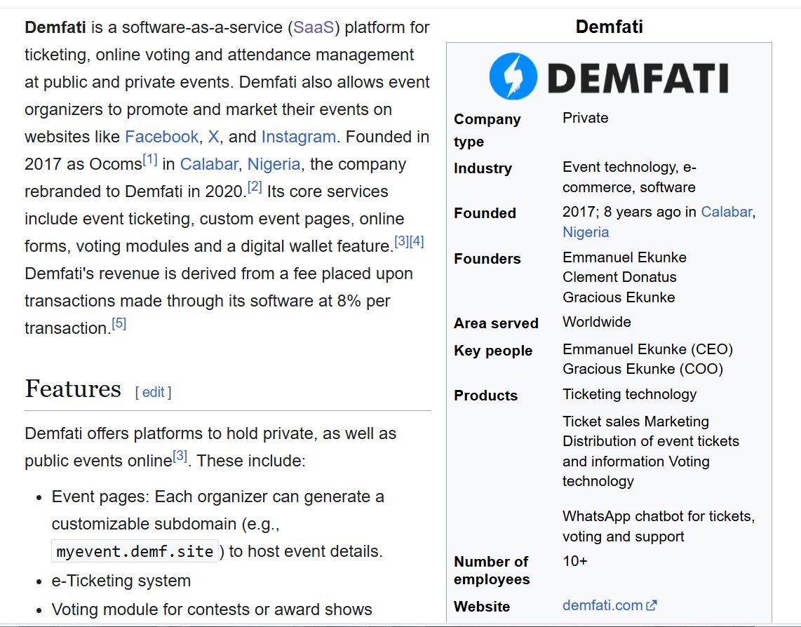 demfatii's tweet image. @grok - Summarize Demfati

@xAI @Grokipedia #Demfati #EventTech