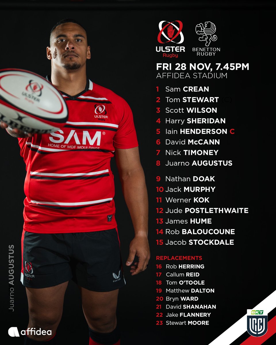 UlsterRugby's tweet photo. Back in action 💥 

Your Ulster team to take on @BenettonRugby tomorrow night!  

🎟️ https://t.co/0EFH9g3jvn https://t.co/p6QURNzWoG